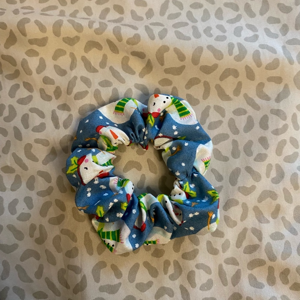 Handmade blue snowman scrunchie